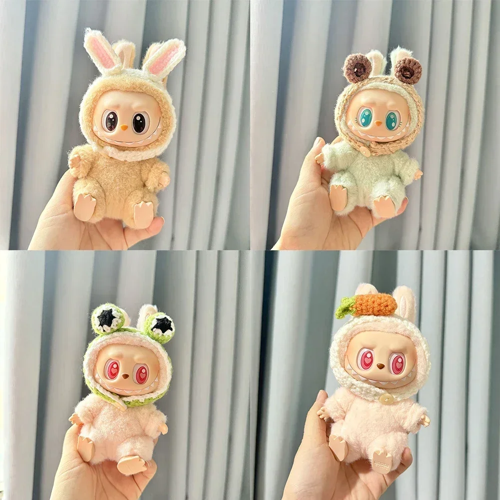 Mini ropa de muñeca de peluche de 17cm, accesorios para Labubu Idol, diadema tejida hecha a mano con Orejas de conejo y rana, suéter, ropa