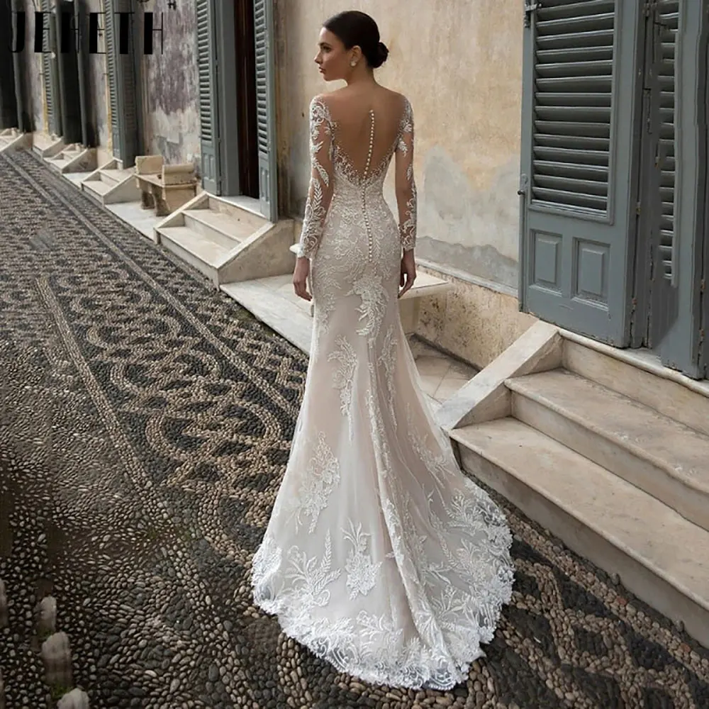 JEHETH eleganti abiti da sposa in pizzo a sirena 2024 affascinanti Appliques di perline abito da sposa maniche lunghe con scollo a v Robe De Mariée personalizzatoJEHETH Elegant Mermaid Pizzo Abiti da sposa 2024 Charmin