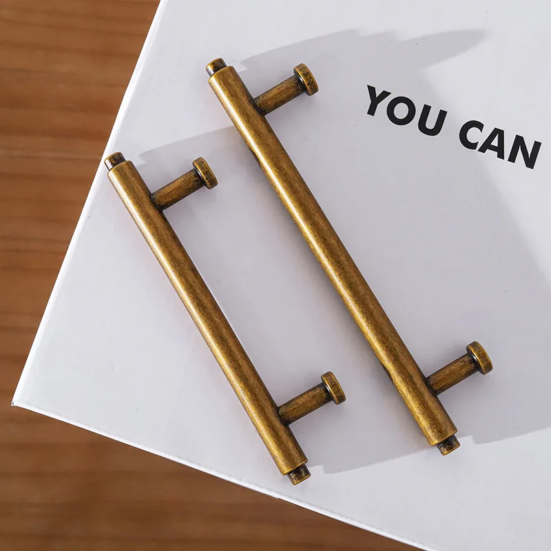 American Style Antique Brass Cabinet Pulls Gold Closet Door Handles Solid Round Bar Hardware Pulls Retro Furniture Drawer Pulls