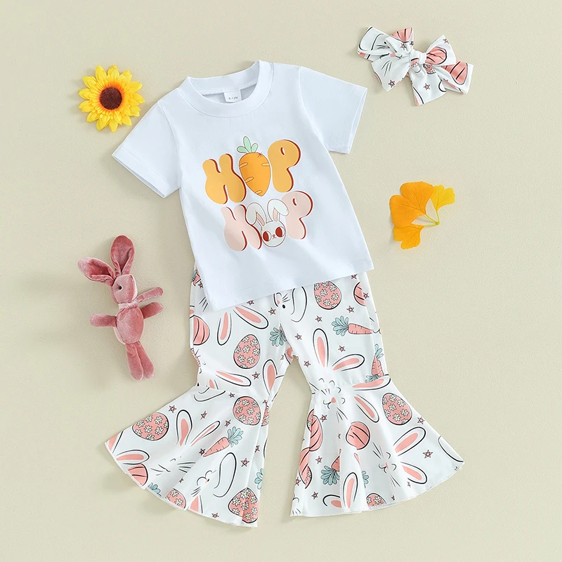 

Baby Girl Bell Bottom Outfit Short Sleeve T-shirt Flare Pants With Headband 3Pcs Clothes Set Easter Bunny Outfits