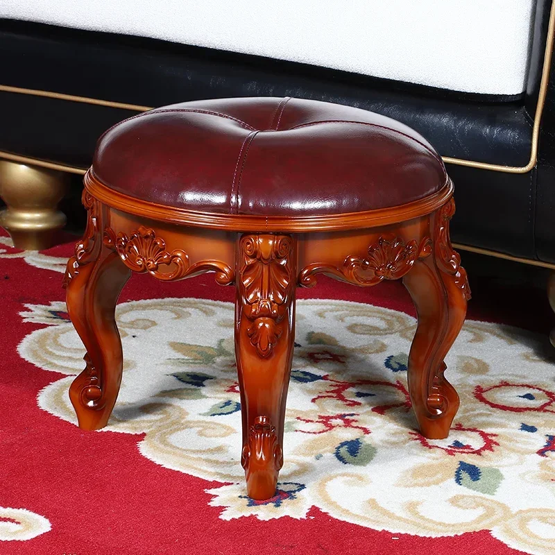 Retro Carved Small Stool Luxury Leather Cushion Creative Low Seat Elegant Room Sofa Chair Stylish