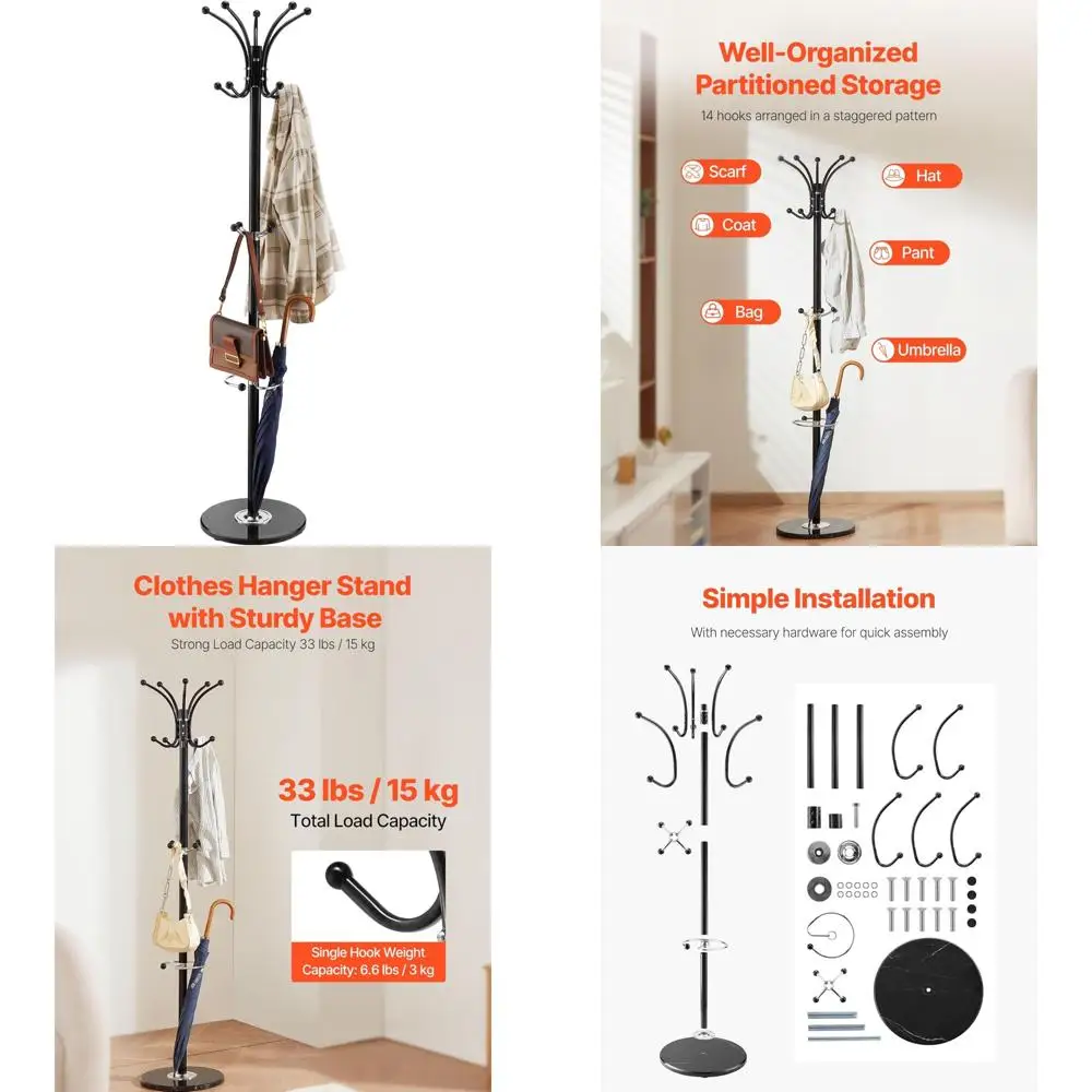 metal freestanding coat rack with umbrella holder and marble base for hallway entryway