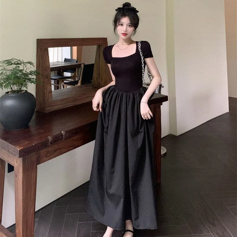 Lucyever Summer Short Sleeve Black Dress Women Elegant Slim Patchwork Party Long Dresses Woman Fashion Square Collar Maxi Dress