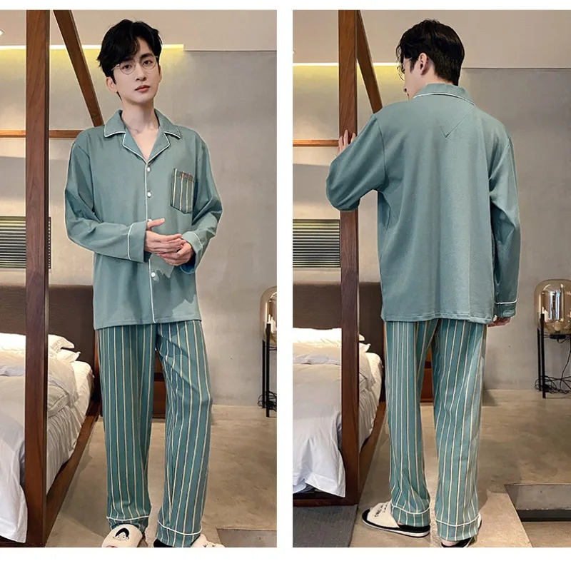 3xl Plus Size Cotton Pyjamas Men's Spring Autumn Long-Sleeved Outside Wear Cardigan Trousers Homewear Plaid Sleepwear 2PCS/Set