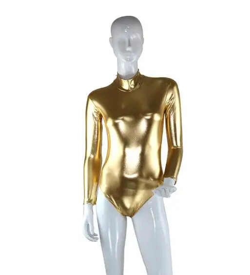 女性用光沢のあるメタリックゴールドキャットスーツバレエダンスウェア長袖ボディスーツ体操ジャンプスーツ