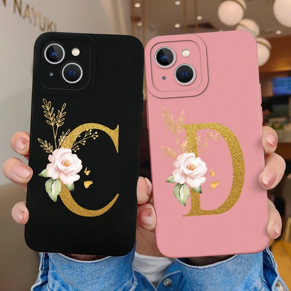 For Apple iPhone 14 Pro Max Plus Phone Cases A-Z 26 Letter Smooth Liquid Silicone Shockproof Black Cover Pink Rose Coque Funda