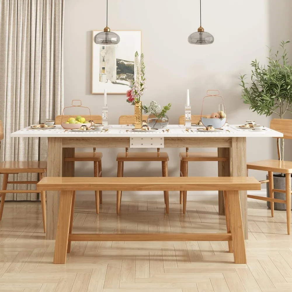 

Extendable Dining Table for 6-10 People, Modern Wood Rectangular Expandable Kitchen Dinner Table for Dining Room, White and Wal
