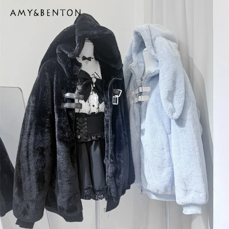 2025 hiver nouveau mignon lapin oreille col haut épaissi manteau en peluche sous-culture Kawaii chaud fermeture éclair mi-longue manteau de fourrure pour les femmes