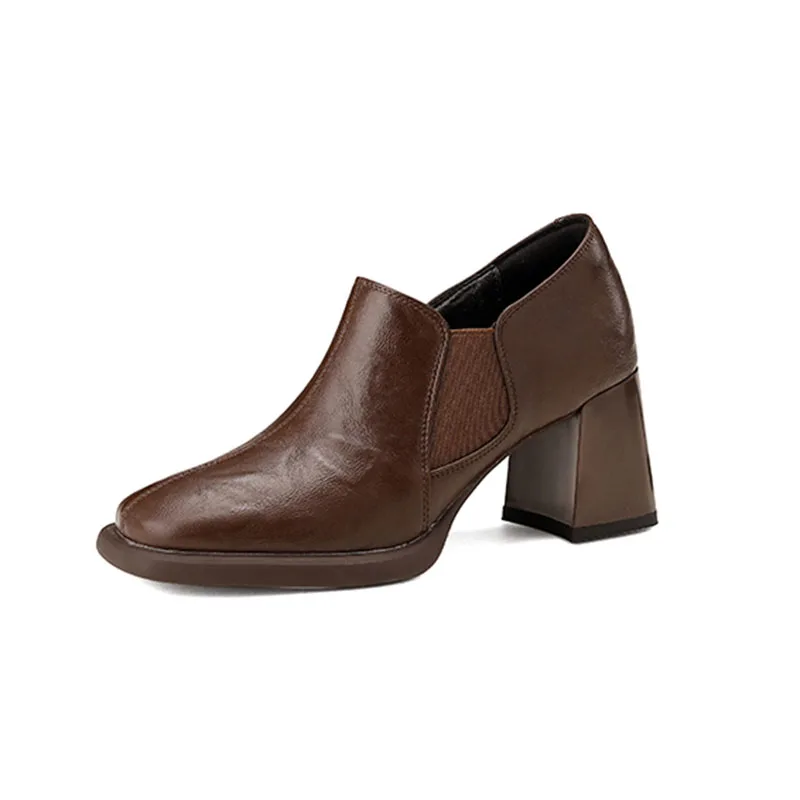 

Осенние женские кожаные туфли 2024, туфли-лодочки без шнуровки с глубоким вырезом и квадратным носком на резинке, большие размеры 42, высокие каблуки Phoentin FT4229