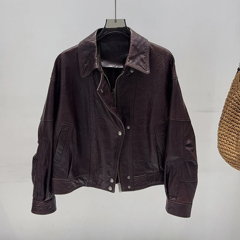 Giacche in Vera Pelle di Pecora Importata per Donna, Cappotti Casual Marrone/Caffè, Giacche in Pelle Cerata Larga in Pelle di Agnello