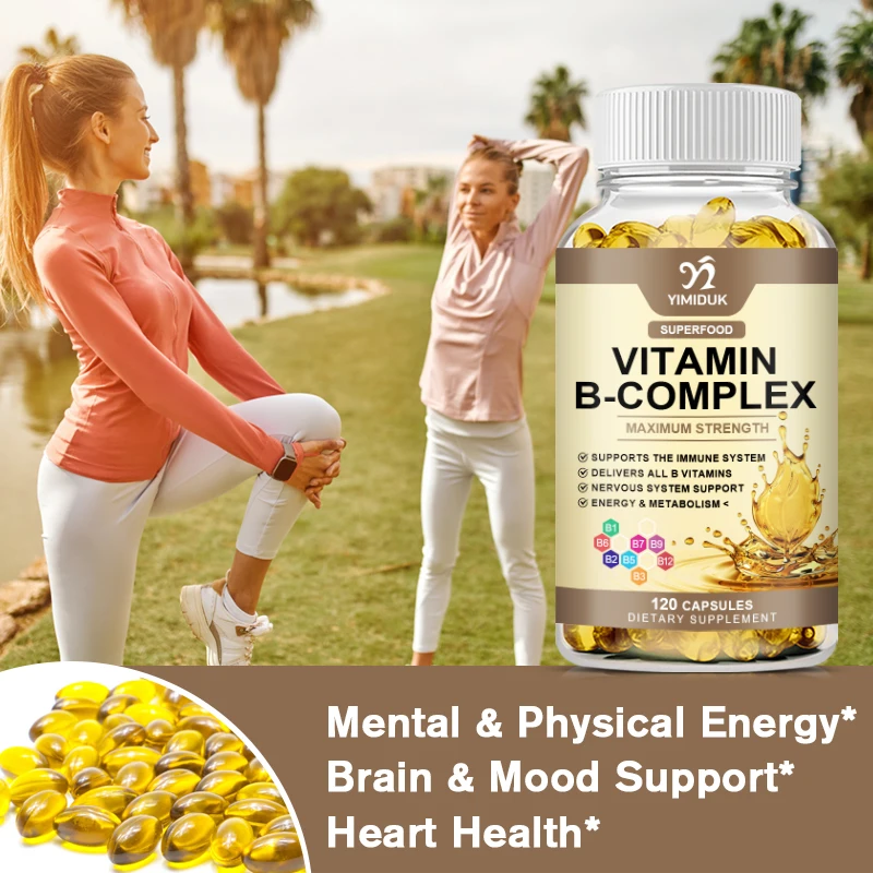 Organic Vitamin B Complex Capsule (B12 B1 B2 B3 B5 B6 B7 B9 Folic Acid & Biotin) Relieve Stress Supports Better Mood