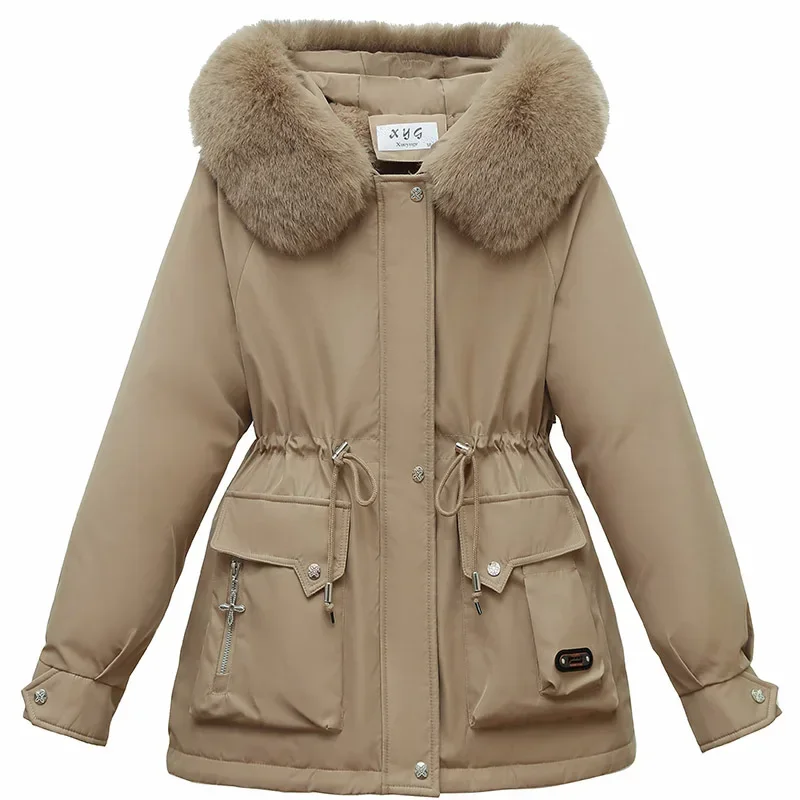 Winter Fleece Parkas Warm Hooded Fur Collar Jacket Lace-up Design Women's Clothing Long Sleeve Windproof Windbreaker Coats New