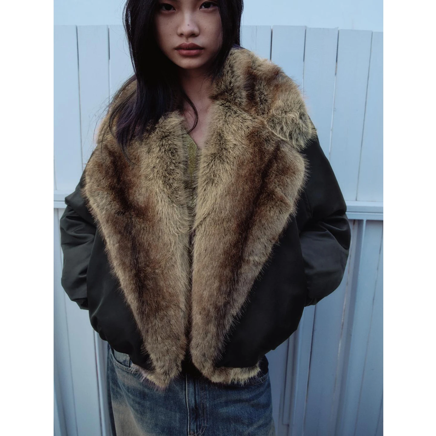 شتاء جديد المرأة الطيارين Jaet معطف طويل Sve فو الفراء تأثير بدوره إلى أسفل طوق ort عادية Sle ألياف البوليستر 00%