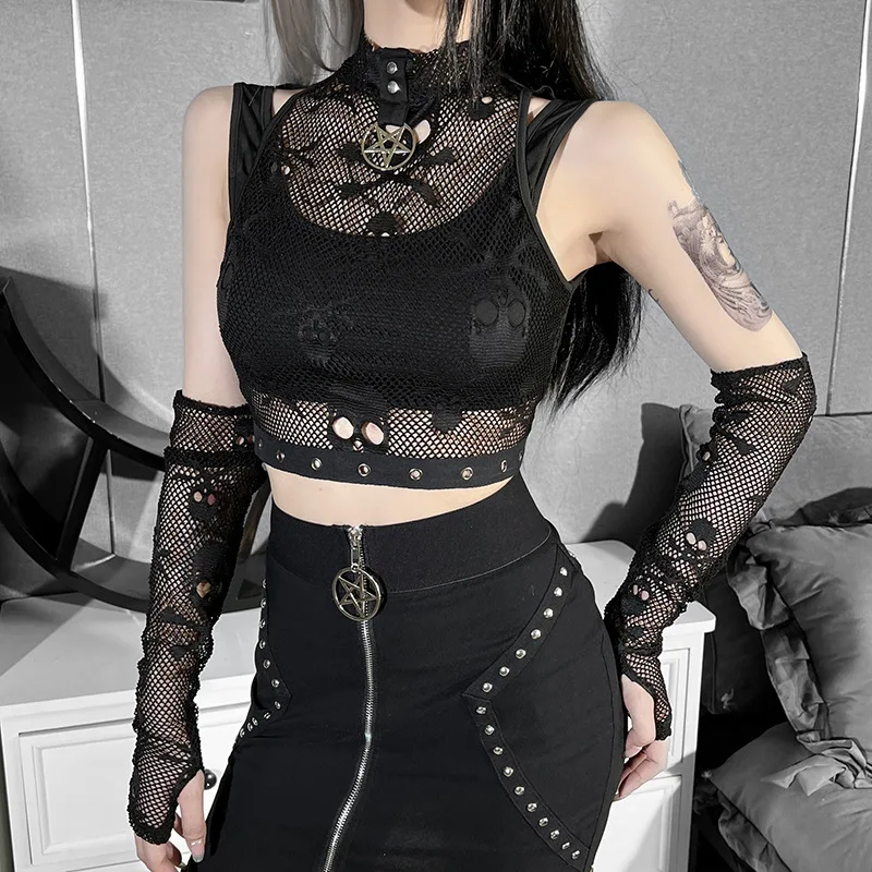 Goth Sexy Schwarz Skeleton Spitze Tank Top Y2K Ästhetische Handschuhe Exotische Aushöhlen Grundlegende Crop Top Fee Grunge Sommer Frauen tops