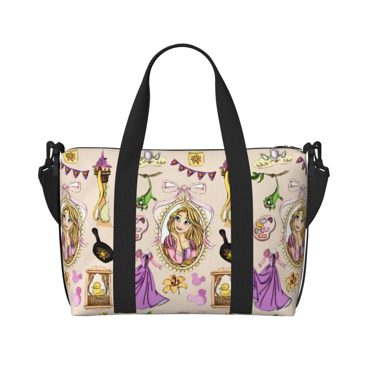 Custom Princess Tangled Tote Bag Women Large Capacity Cartoon Funny Beach Gym Shoulder Travel Bag