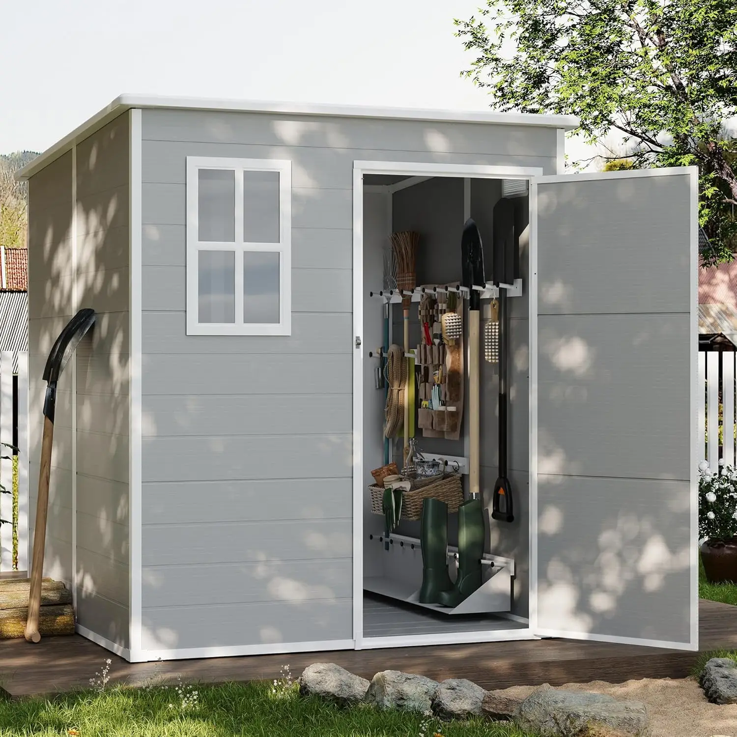 Resin Garden Sheds Plastic Patio Outdoor Storage with Lockable Door for Tool, Bike, Garbage Can Gray White