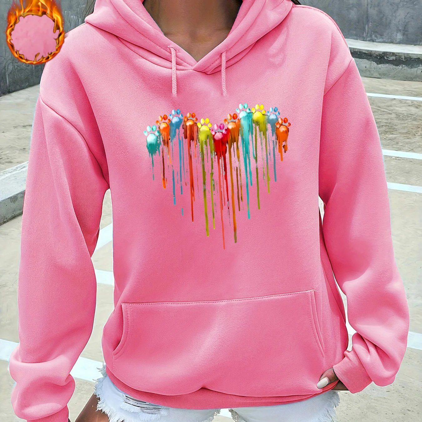 Women's autumn and winter warm and loose casual heart-shaped printed velvet long sleeved hooded sweatshirt