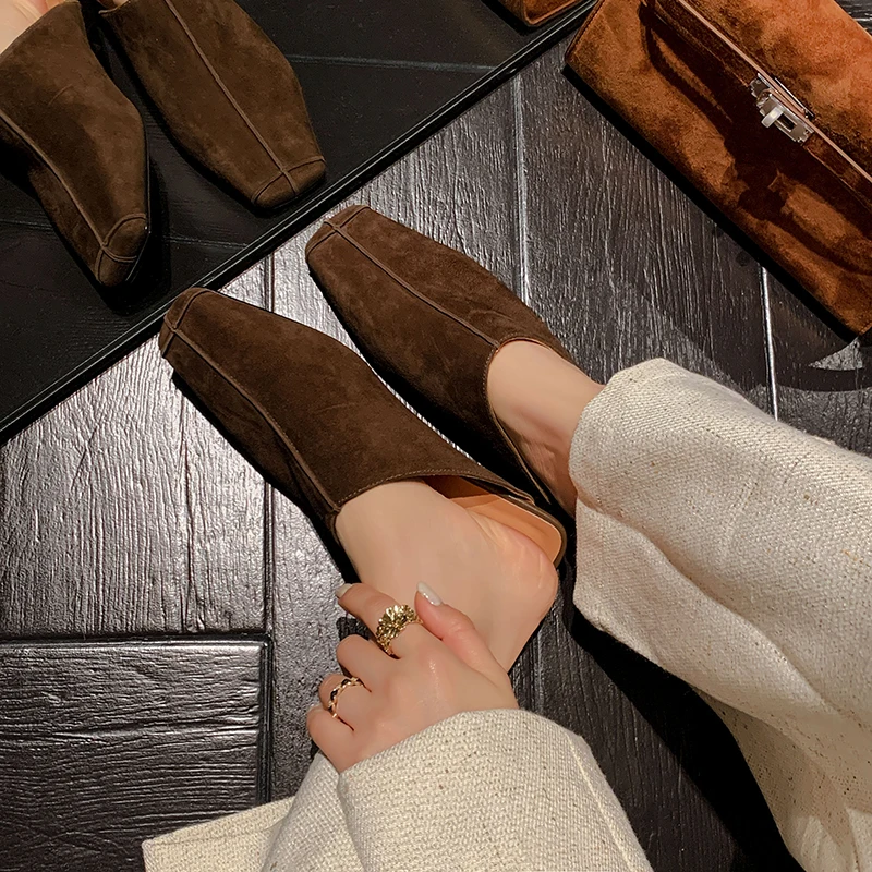 2025 New Genuine Kid Suede Low Heels Slippers Women Covered Toe Natural Leather Casual Slippers Female Daily Walk Slippers