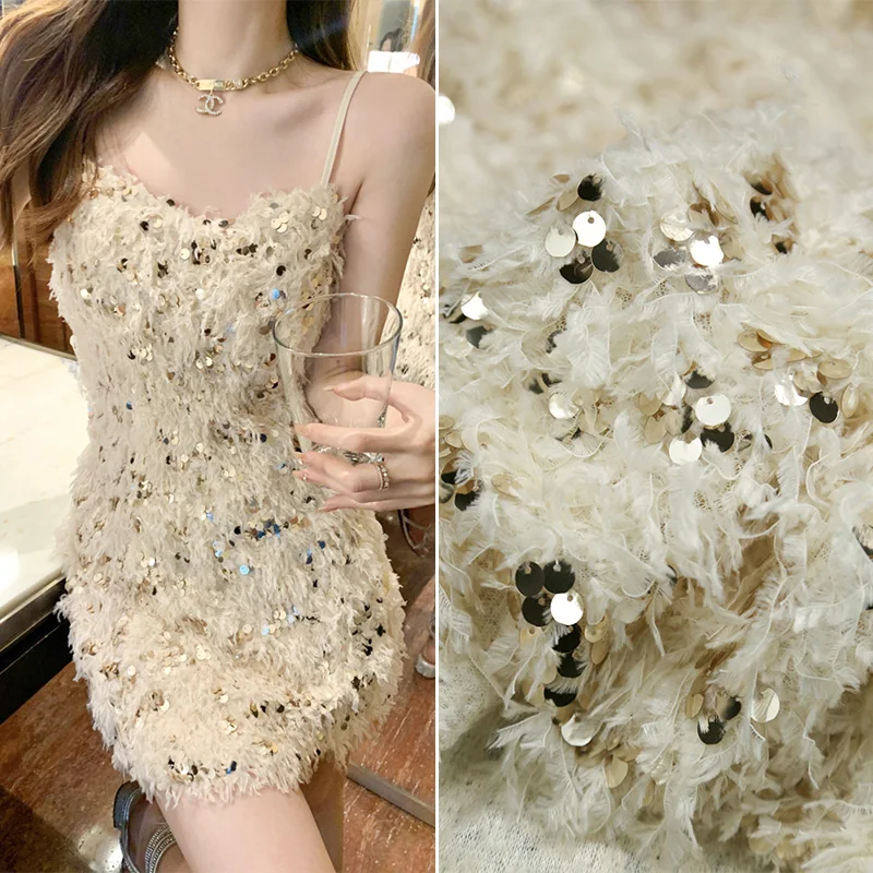 

Soft Feather Fringe Sequins Lace Embroidery Fabric for Wedding Banquet Dress Clothing Handmade Diy Sewing Fashion Design Fabric