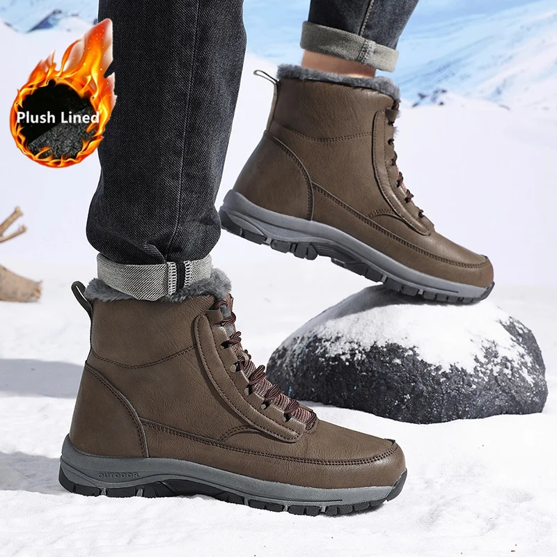Herren-Winterstiefel, warme, mit Plüsch gefütterte Stiefeletten, rutschfeste Outdoor-Wanderschuhe, Arbeitsschuhe, Schnürstiefel, hohe Lederstiefel. – Detail 10