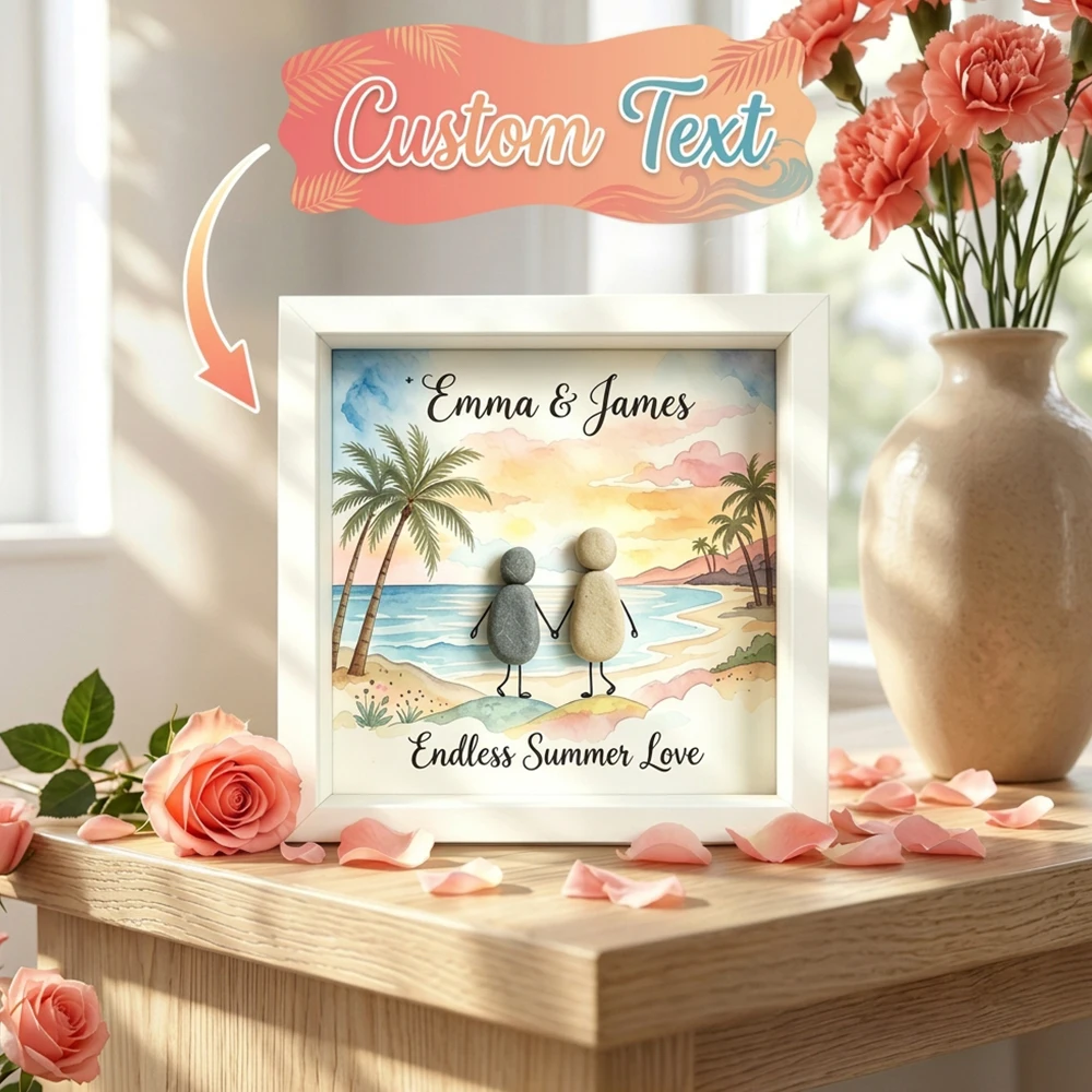 Custom Personalized Beach Sunset Couple Pebble Art Frame,Custom Names & Love Quote Text,Romantic Keepsake,Anniversary,Wedding