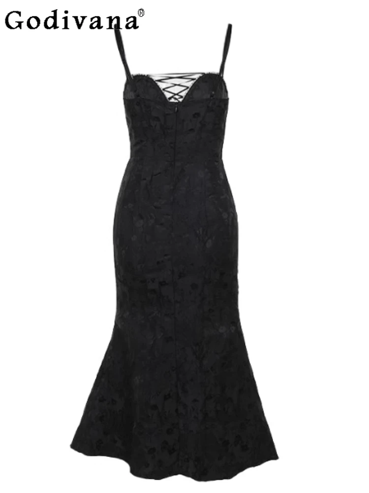 

Halloween Personality Jacquard Sexy Lace-Up V-Neck Split Suspender Long Dress Black Fashion Ladies High Waist Witch Dresses