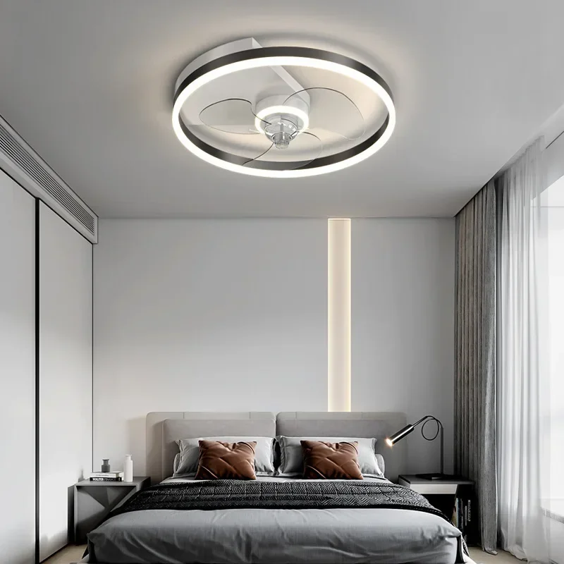 Modern minimalist gold-plated brushed circular ceiling light LED three light bedroom transparent decorative fan light