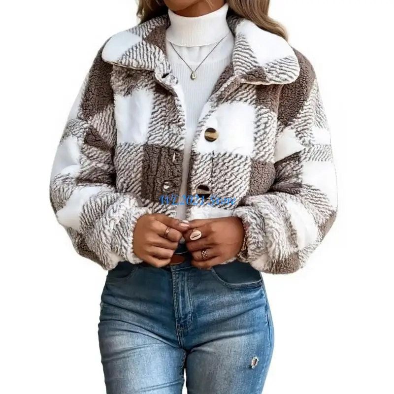 

G5GC Plaid Pattern Button Front Coat, Versatile Long Sleeve Winter Thermal Outwear, Women's Clothing
