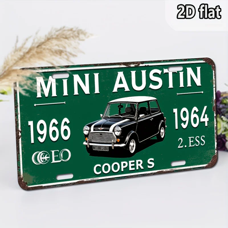 HD Aluminum Print, Vintage Mini Austin Cooper S 1964 Retro Classic Car License Plate Style Wall Art, High Definition Bend-Resist