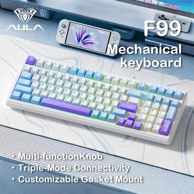 AULA F99/F99Pro Custom Mechanical Keyboard Gasket Structure Full Key Hot Swappable Wired Bluetooth Wireless Tri Mode OfficeEspor