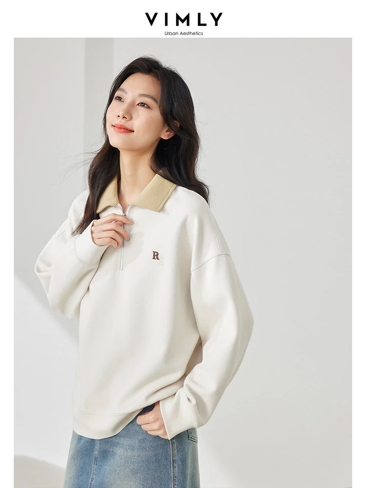 Vimly Contrast Lapel Half Zipper Sweatshirts 2024 Spring Casual Loose Letter Embroidery Pullovers Long Sleeve Tops Woman M5882