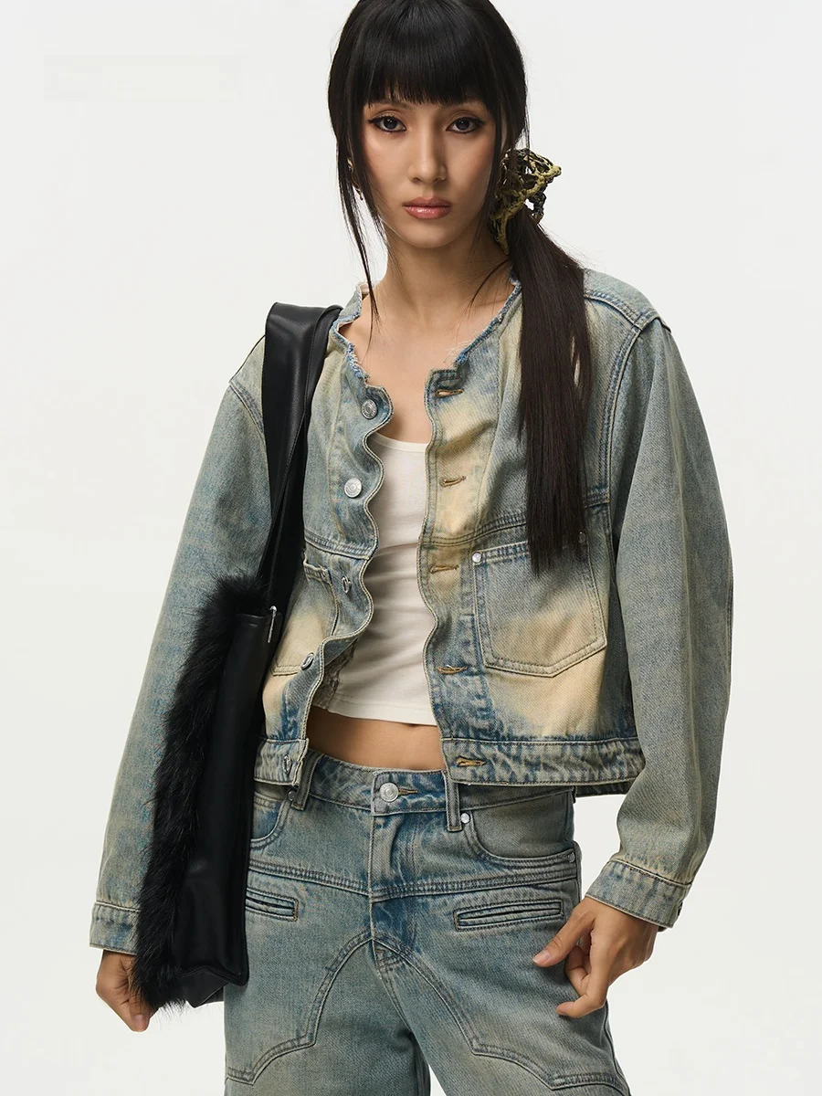 

Retro Waed ort Casual Denim Jaet Women's Stand Fit Long Sve Cotton Button up Top for Autumn 2025 by AWOKENTIME