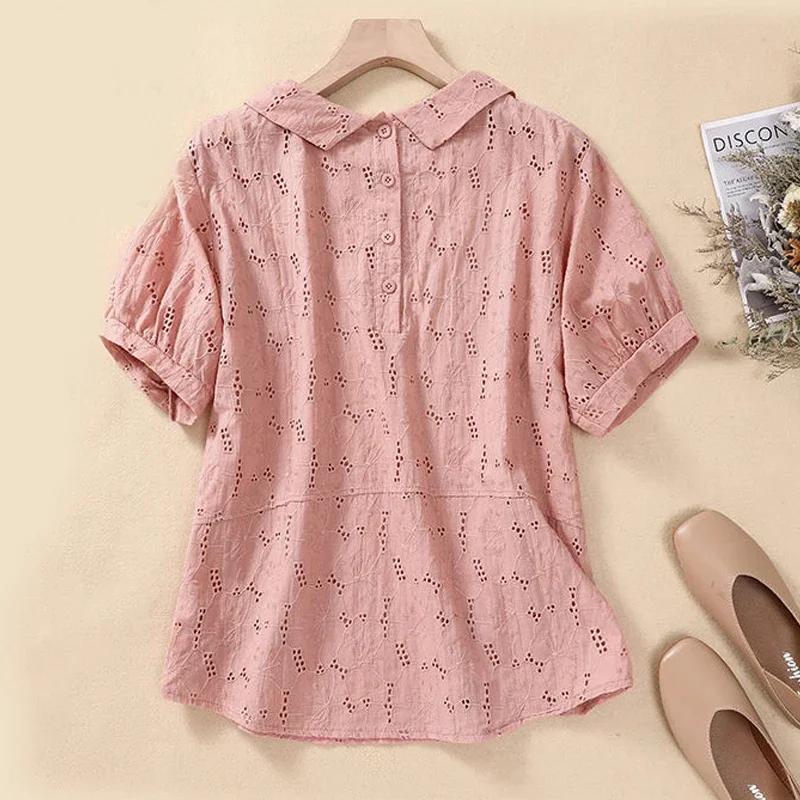 Cotton and Linen Hollow Jacquard Short-sleeved Shirt 2024 Summer New Women\'s Doll Collar Fashion Temperament Casual Blouse Z627