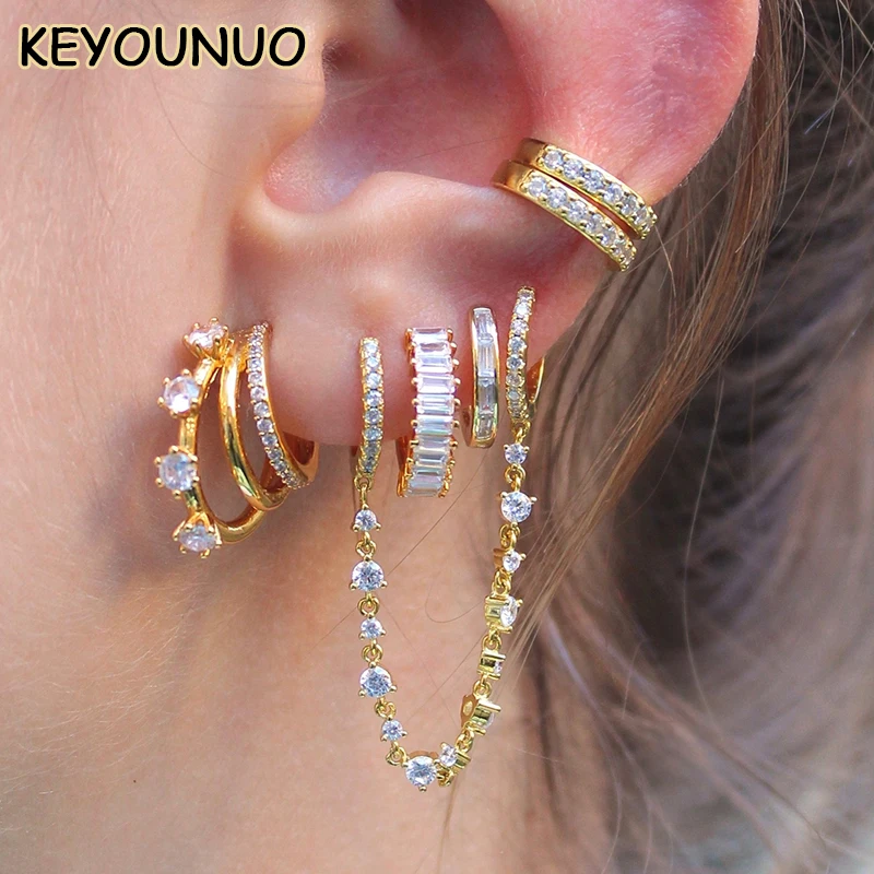 Keyounuo Ouro Cheio De Brincos Set Para Mulheres, Punhos De Orelha, Zircão Colorido, Dangle Hoop, Jóias De Festa De Moda, Atacado