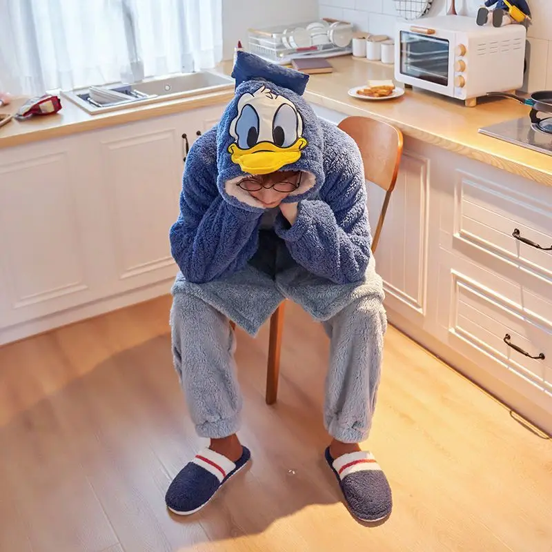 Cartoon Disney Couple Pajamas Donald Duck Winter Coral Fleece Hooded Pants Cotton Two-piece Set Male/Female Couple Pajamas