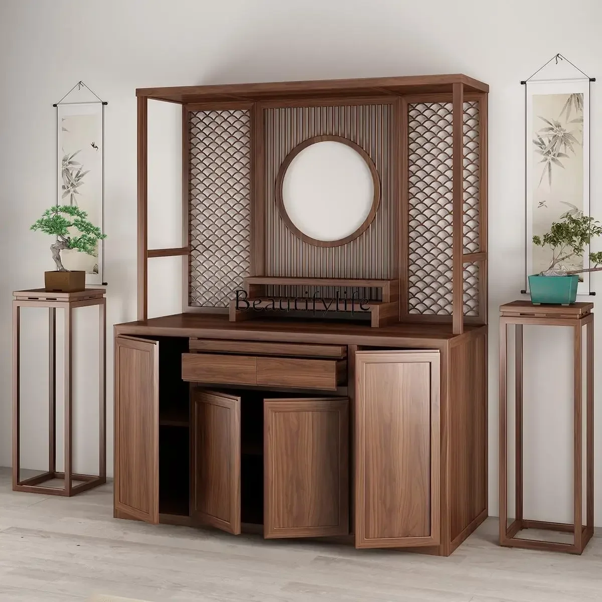 

06Buddhist niche new Chinese vertical cabinet black walnut solid wood Buddhist hall Dashenlou Buddha statue cabinet