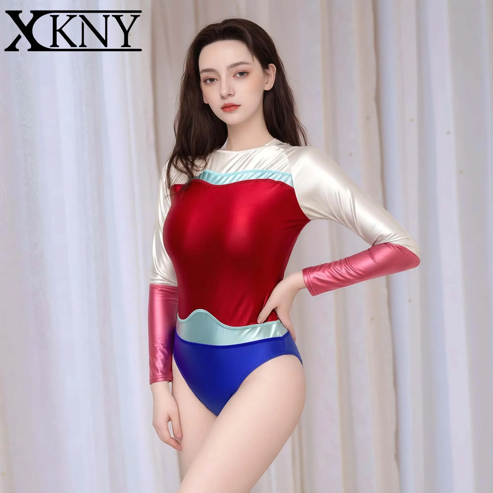 

XClocKNYoung satin glossy swimsuit long sleeved bodysuit XCKNY glossiness color blocked swimsuit cosplay hot spring jumpsuit