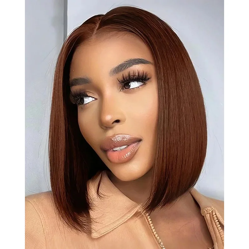 Bob dark Brown Wig Short Straight 4x4 Lace Front 100%  Hair Wigs glueless