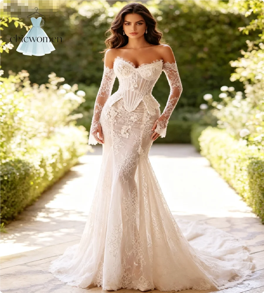 Elegant Lace Mermaid Wedding Dress Detachable Lace Sleeve Corset Bodice 3D Floral Appliques Garden Bohemian Bridal Gown Customiz