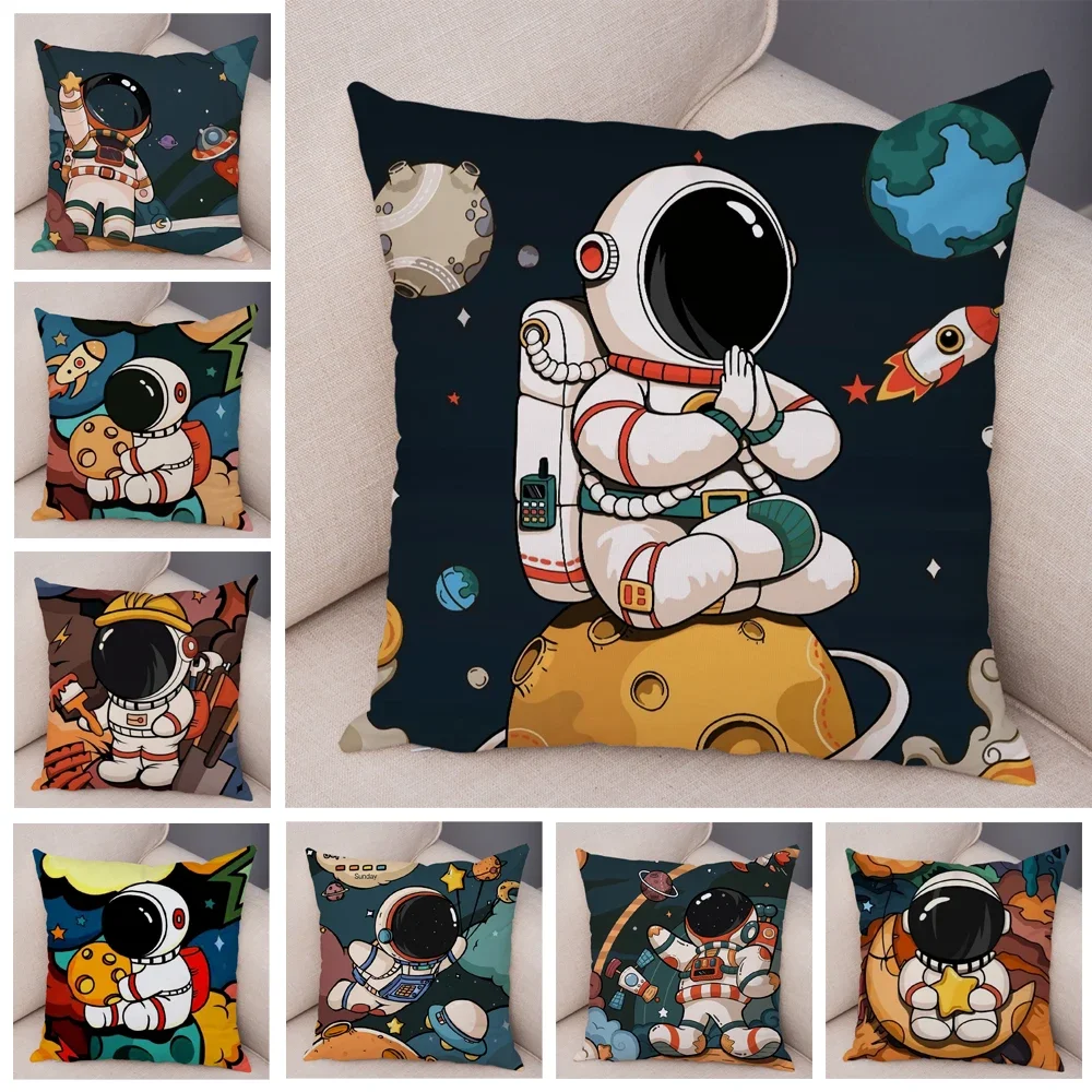 Cartoon Astronauts Cushion Cover Soft  Decor Cosmic Sky Pillowcase for Sofa Home Car  Print Pillow Case Children Room