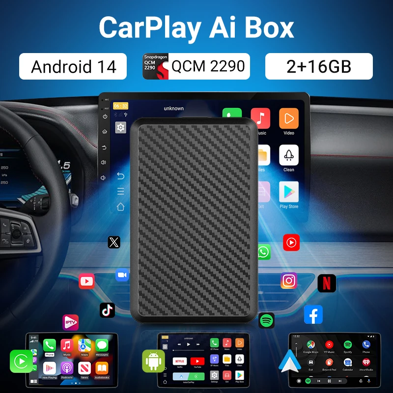 Android14 Wireless CarPlay&Android Auto 3in1 New CarPlay Ai Box  4Cores 2GB RAM+16GB ROM Plug and Play Stable Transmission