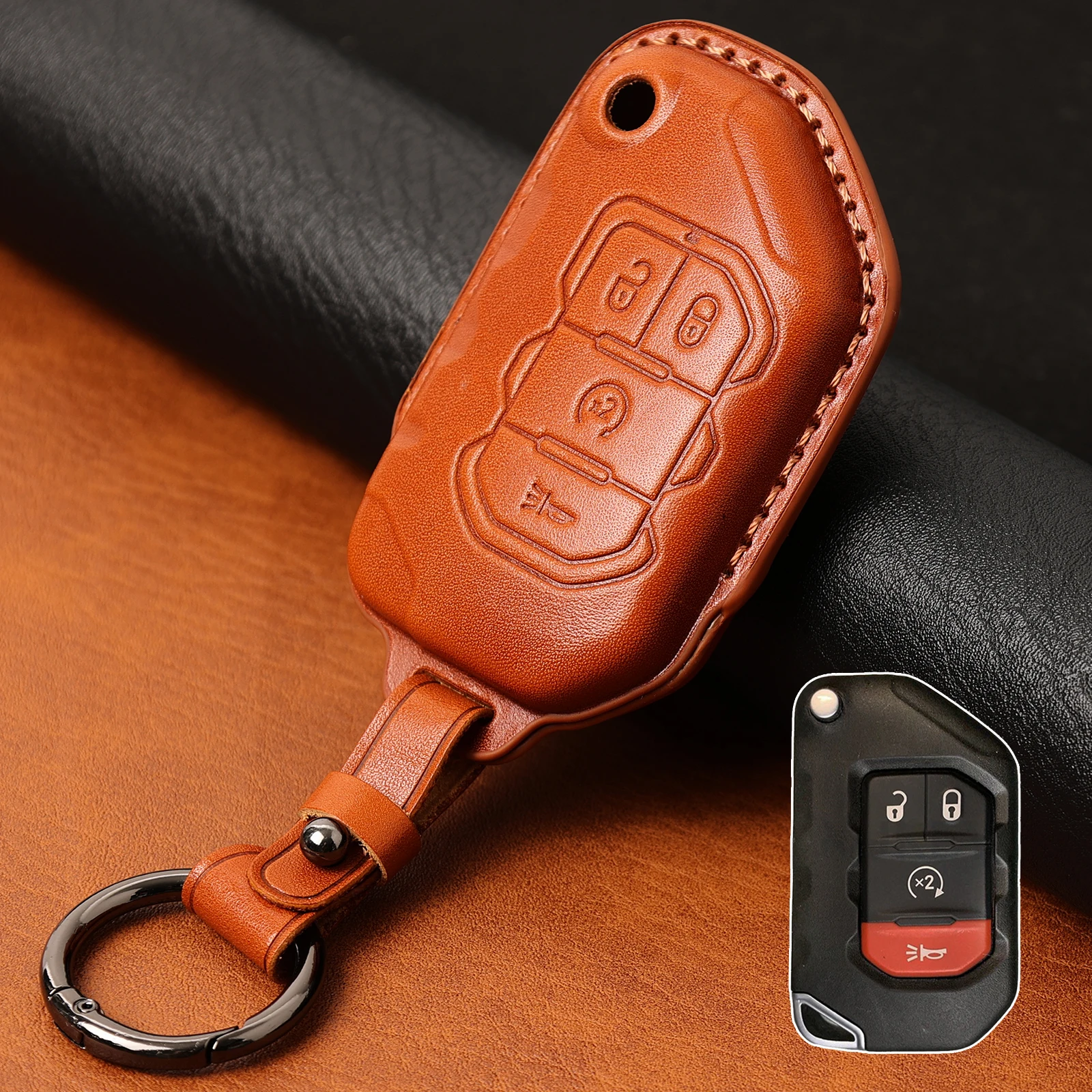 4 Button Genuine Leather Remote Car Key Fob Chain Ring Cover Case Shell Protect For Jeep Wrangler 2018 2019 2020 2021 2022 2023