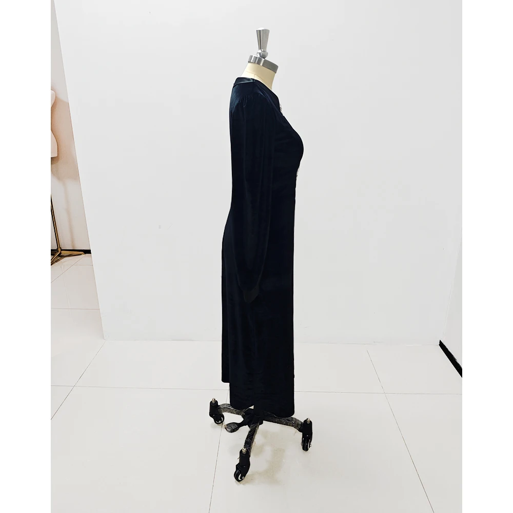 Black Women Evening Dress Long Sleeve O-Neck Tea-Length Velvet Straight Bow Special Occasion Elegant Female Prom Party 2025