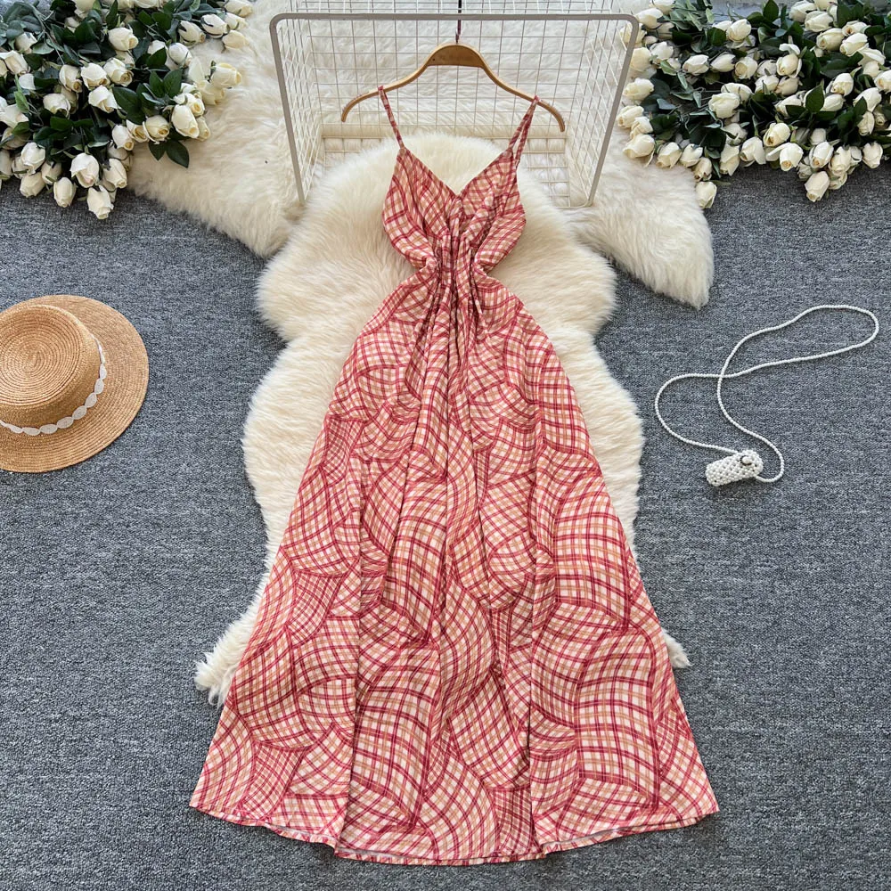 Chic vintage V-neck Plaid backless Ruched Elegant dress Fairy korean fashion Boho Sundress women clothing
