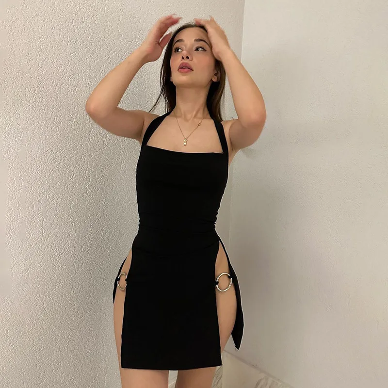 Sexy Black Split Dress Women Summer Solid Halter Neck Backless Slim Dress Club Off spalla eleganti abiti da festa femminili