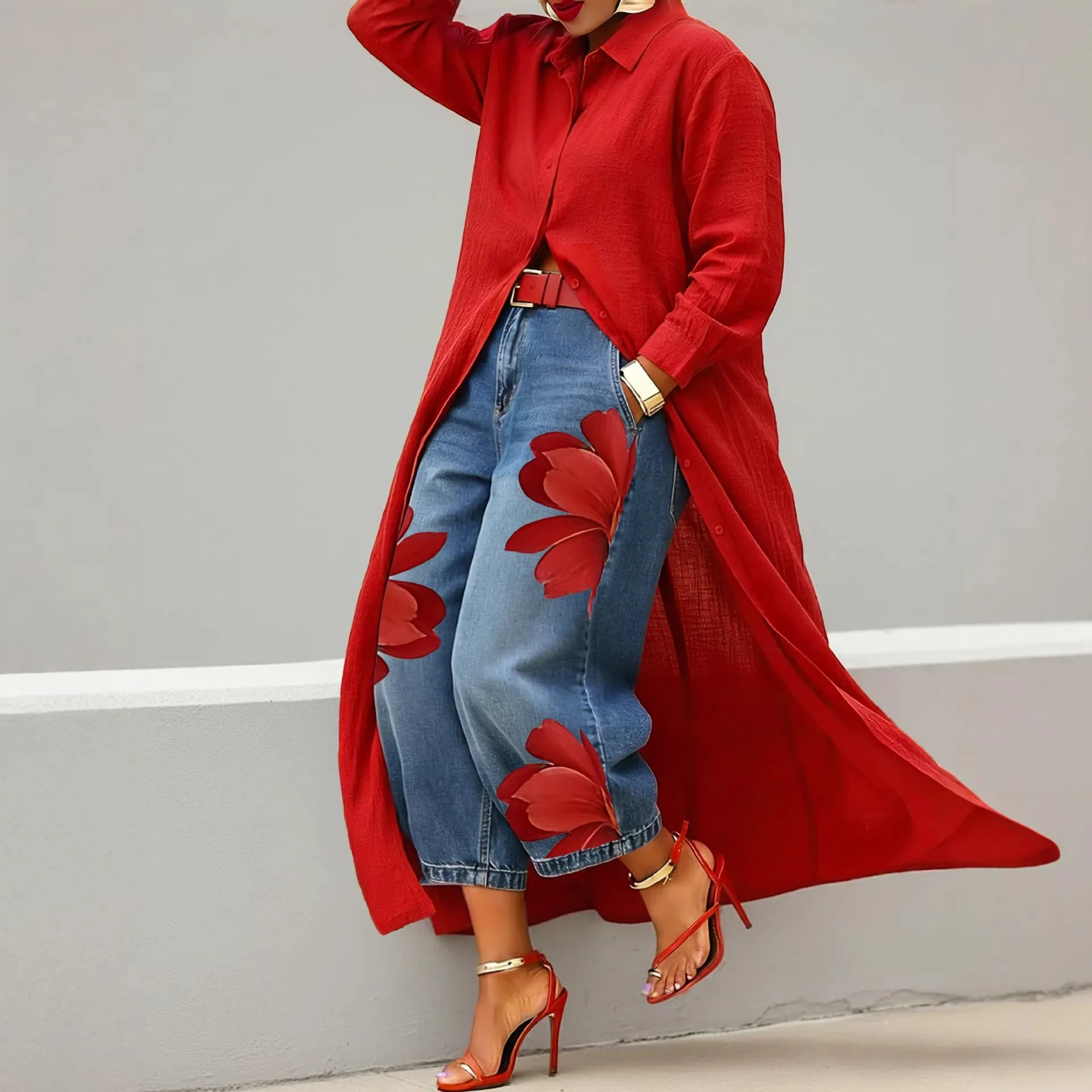 Blusa Maxi de Mujer con Estampado Floral Grande Rojo, Cardigan Holgado de Manga Larga, Blusa Elegante Nueva de Primavera Verano con Botones