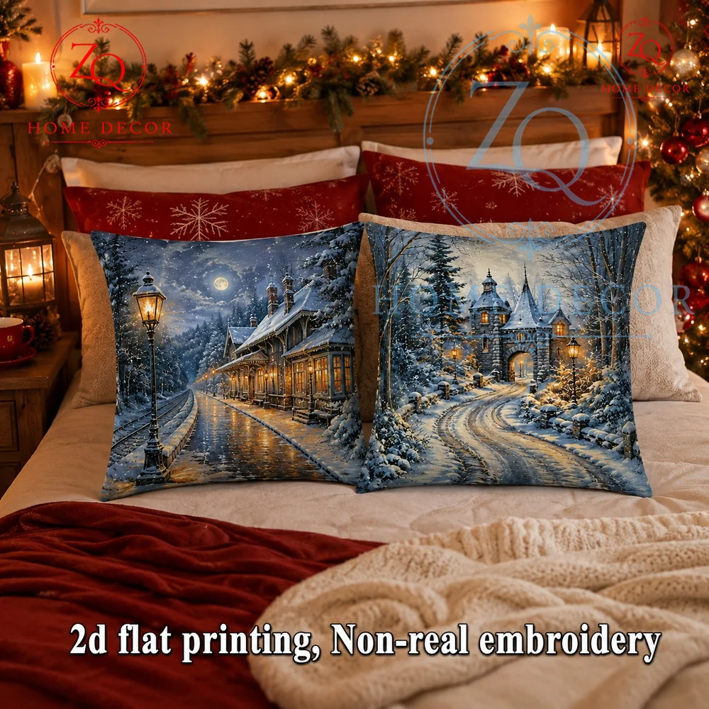Vintage Winter Night Train Station Throw Pillow Cover Cozy Snowy Moonlit Rustic Farmhouse Cushion Case  Christmas Home  Decor