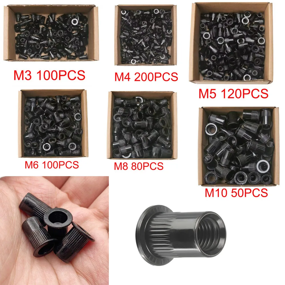 Black Carbon Steel Flat-Head Rivet Nuts Vertical Groove Through-Hole Cylindrical Blackened Iron Rivet Nuts M3 M4 M6 M8 M10