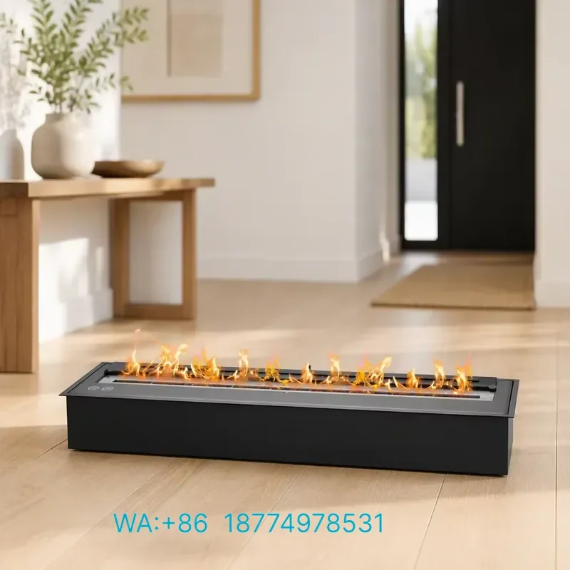 for PANSEE Modern Intelligent Linear Ethanol Fireplace Insert Remote Control Stainless Steel Silver Black Finish Indoor Use