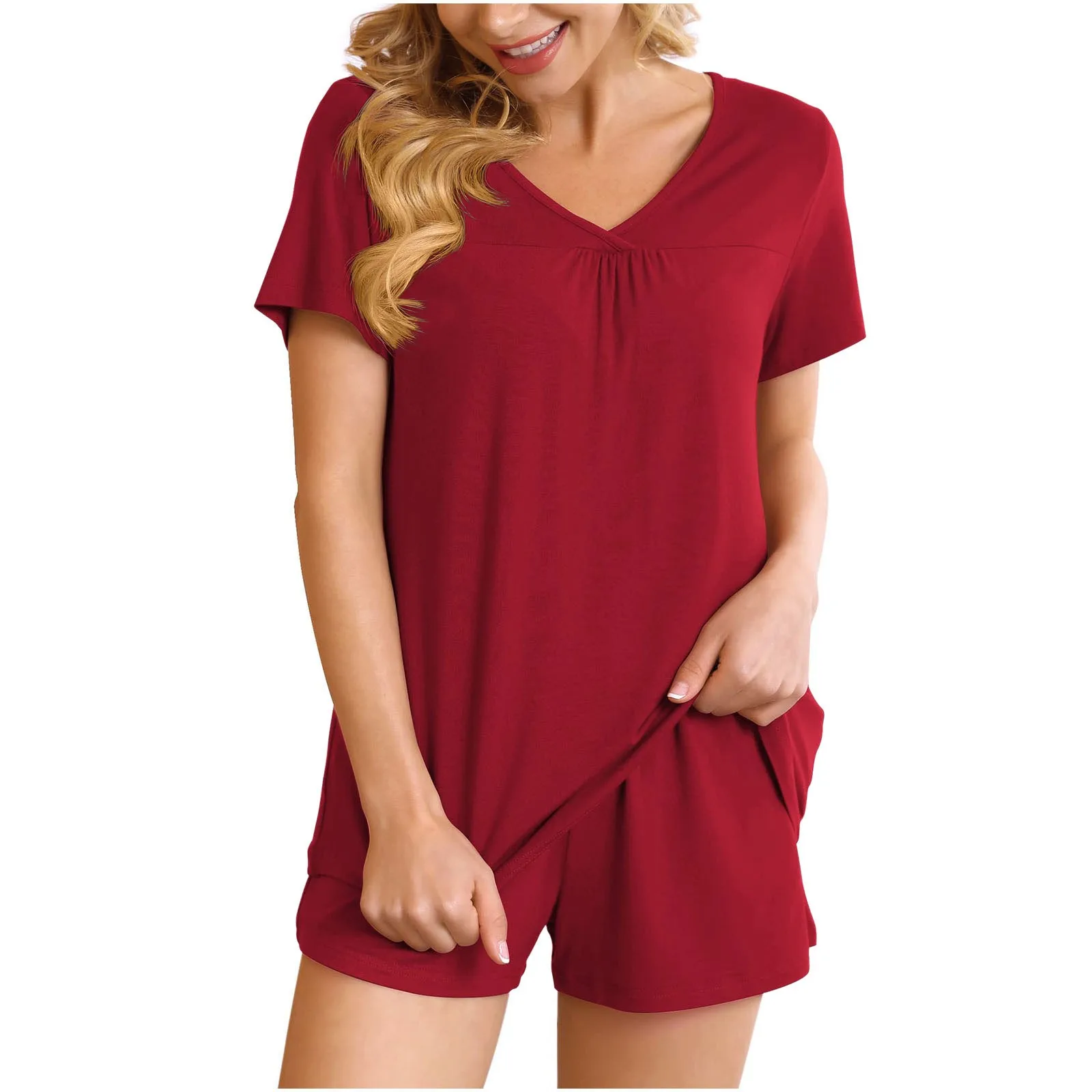 Soft Two Piece Solid Color Basics Pajama Set Short Sleeve V-neck Top And Shorts Fashion Casual And Versatile Nightwear For Women